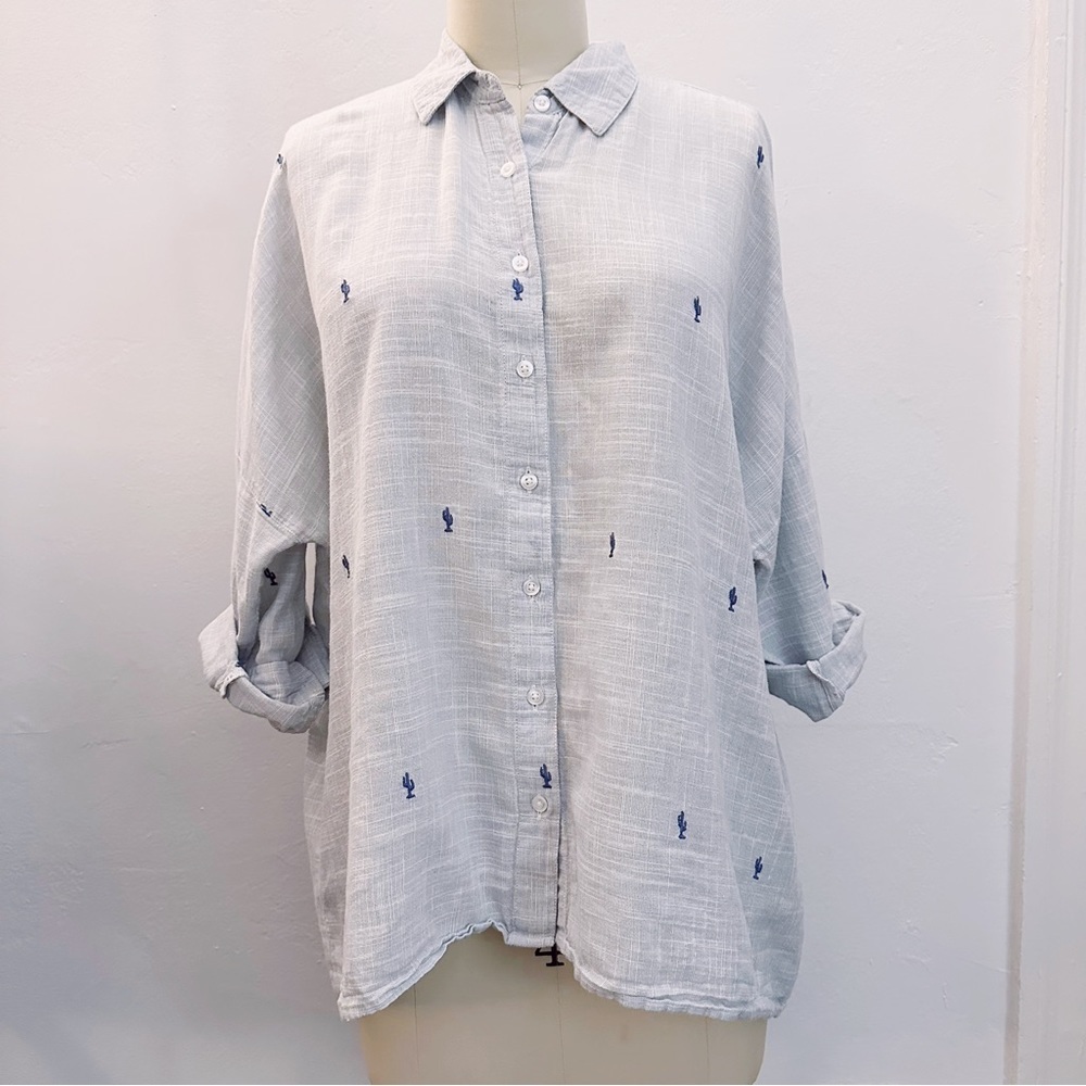 Zara Basic Button Down Cactus Embroidered Long Sleeve Top Woven Blouse - Picture 2 of 7